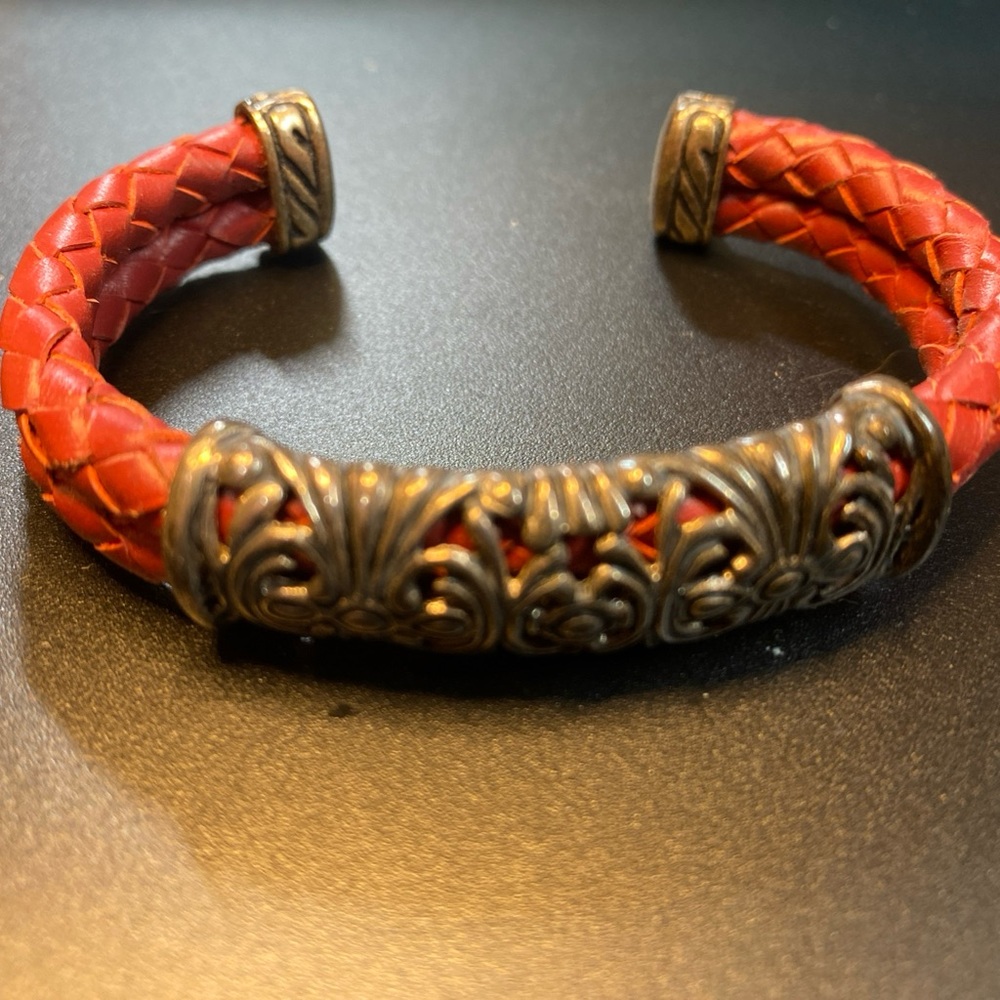 ESPO 925 Silver - Vintage Swirl Detail Red Leather Woven Cuff Bracelet